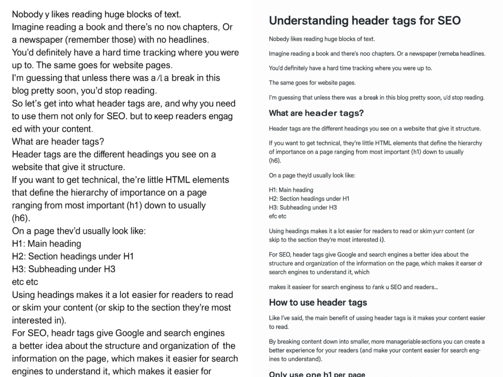 example of a blog with no header tags compared to one with header tags