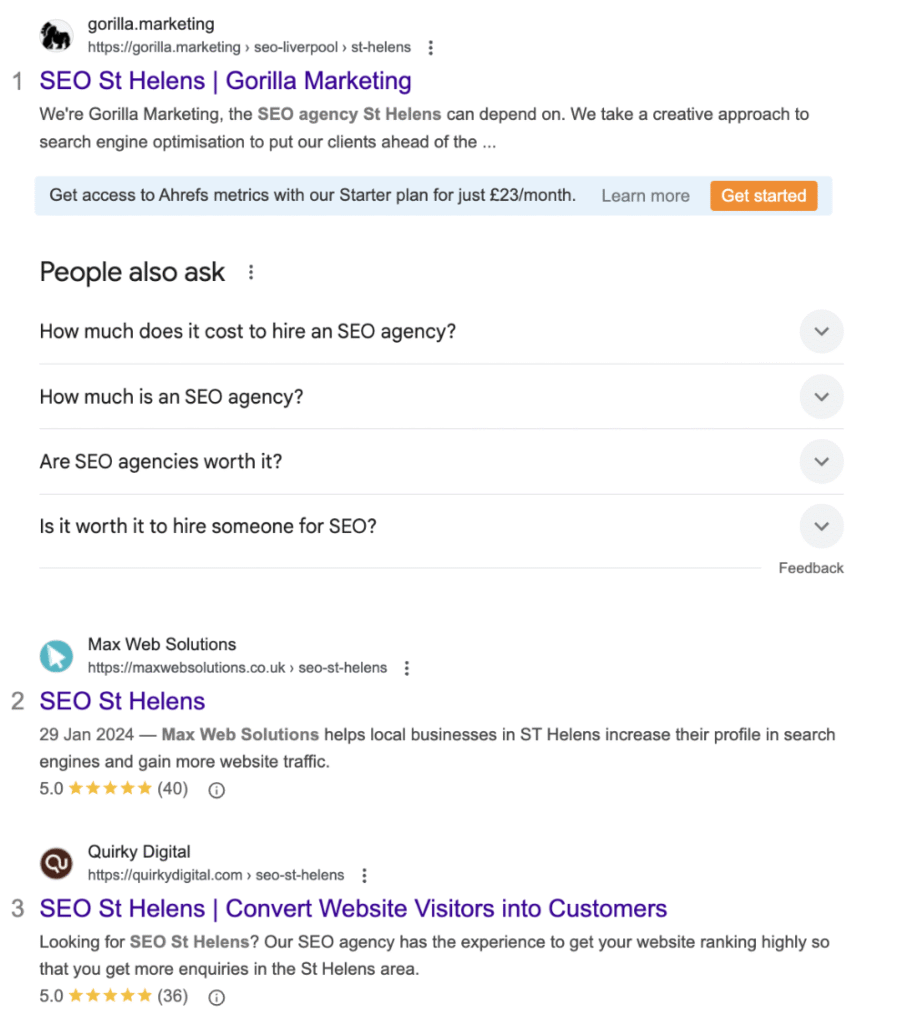 an example of a google serp result when looking for a local seo agency
