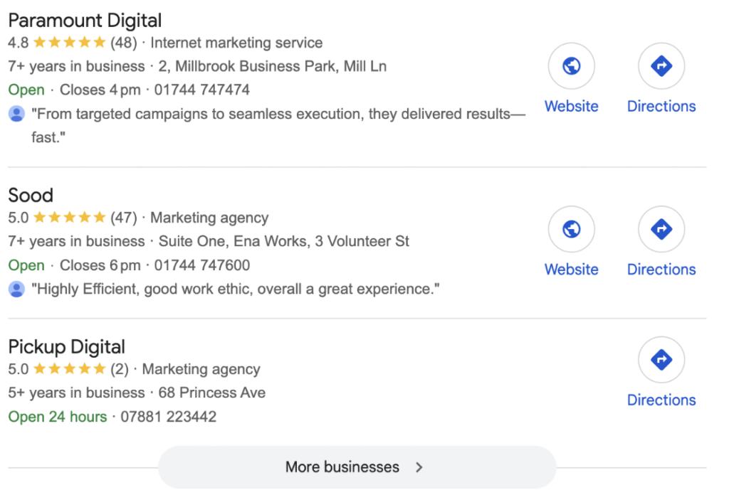 example of a local pack results in google for local seo