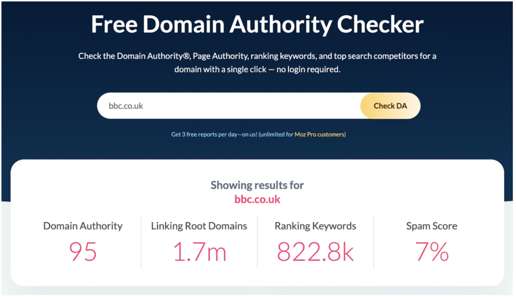Free domain authority checker from Moz