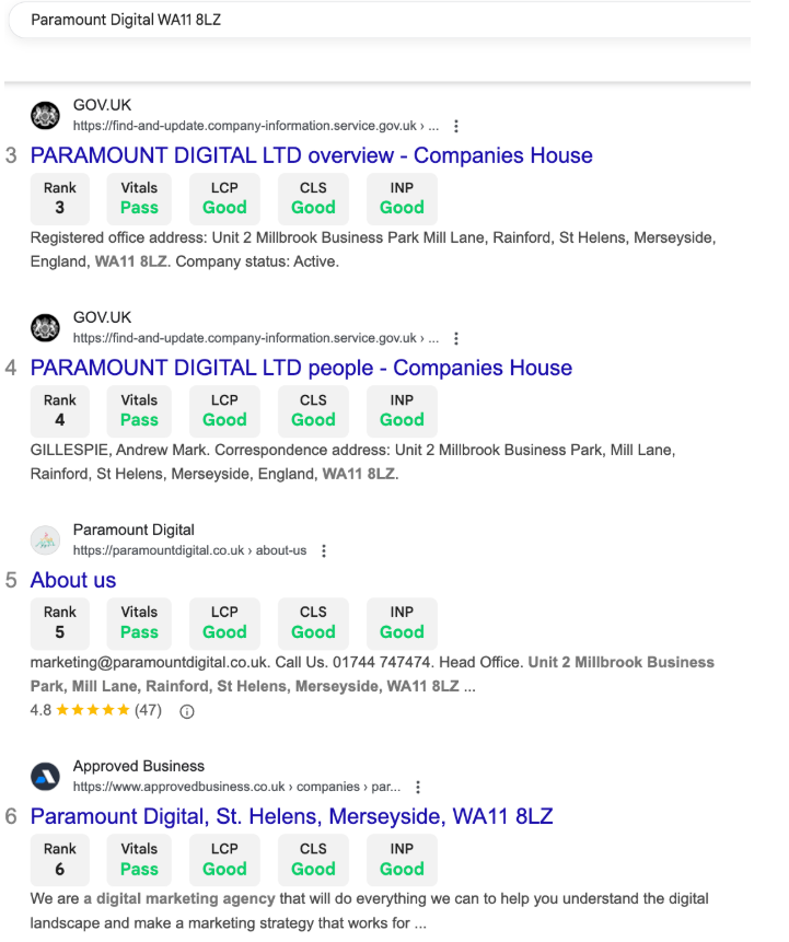 Example of using business name and postcode to find SERP listings