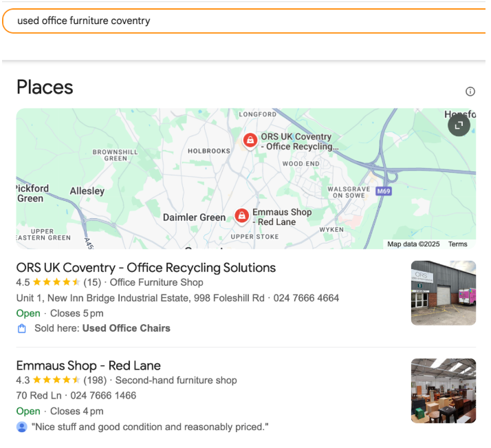 Example of ORS Coventry Google Business Profile appearing in local SEO SERPs