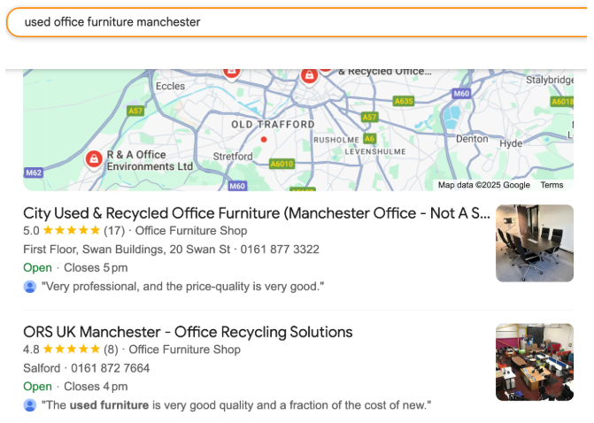 example of ORS manchester Google Business Profile showing in Local SERPs