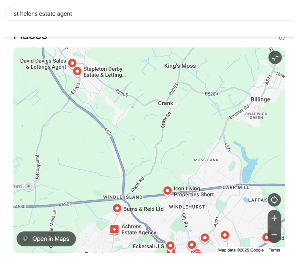 example of a google map result for local seo estate agent search