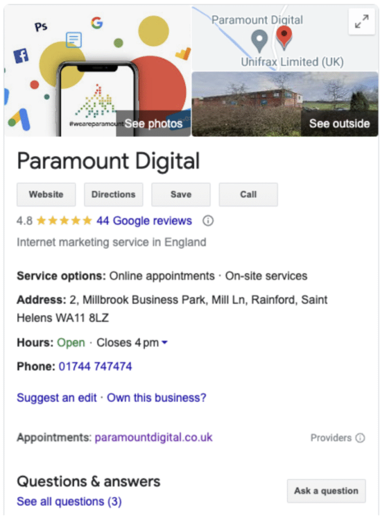 an example of how a google business profile appears in search results for local seo