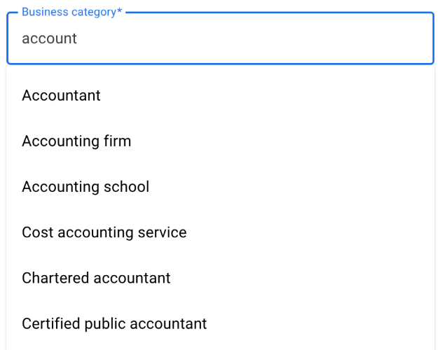 entering business category in Google Business Profile