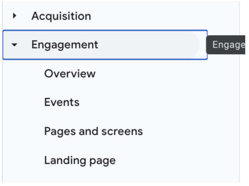 example of the engagement report tab on GA4 dashboard
