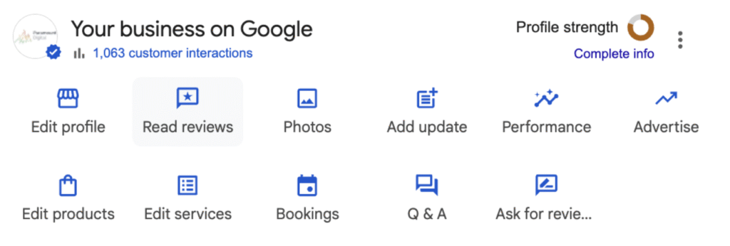 Example of the management dashboard for a Google Business Profile