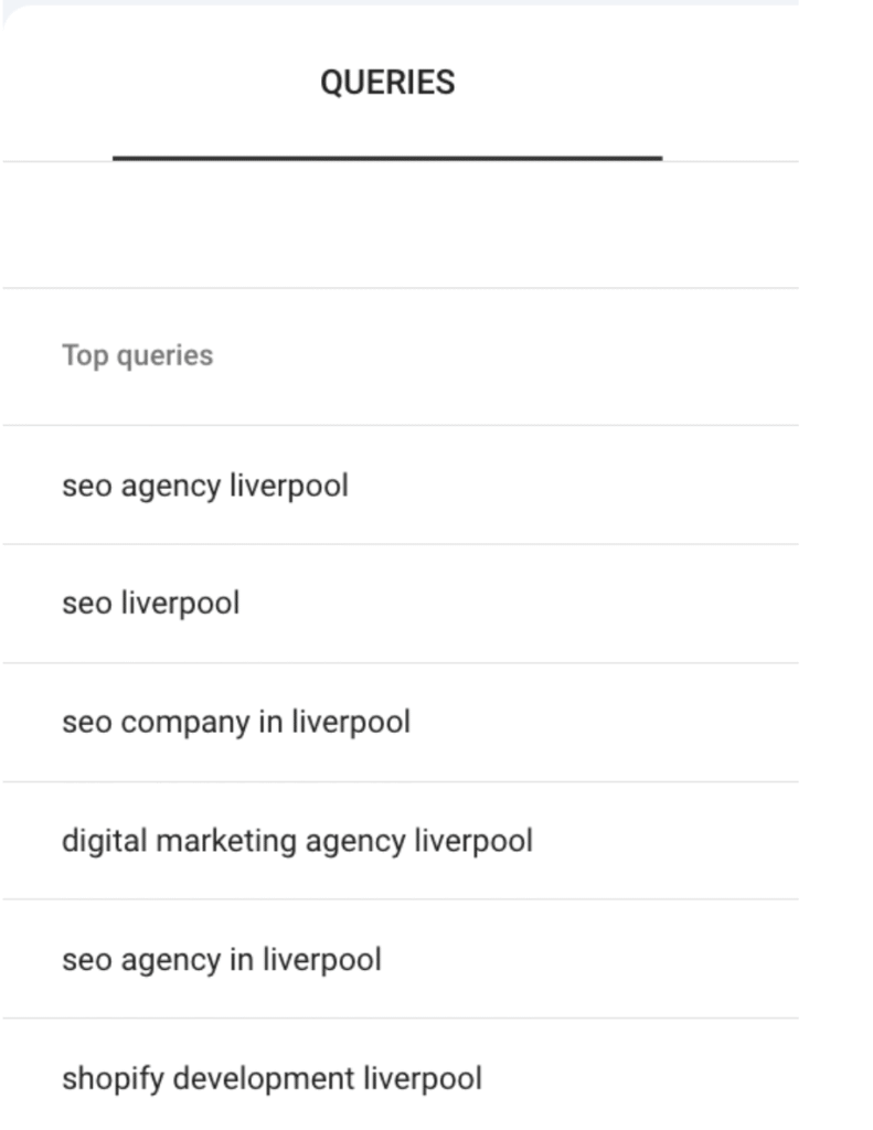 Example of a keyword report in Google Search Console for a local SEO search
