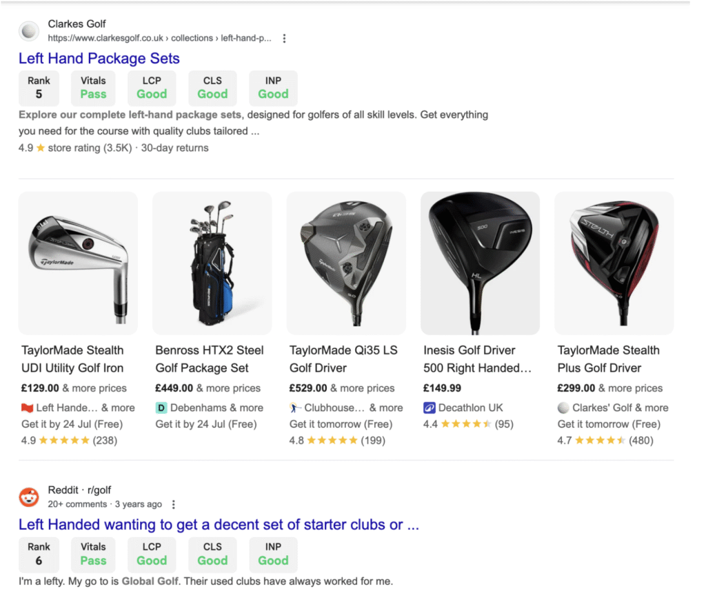 SERP result for left handed golf club product page