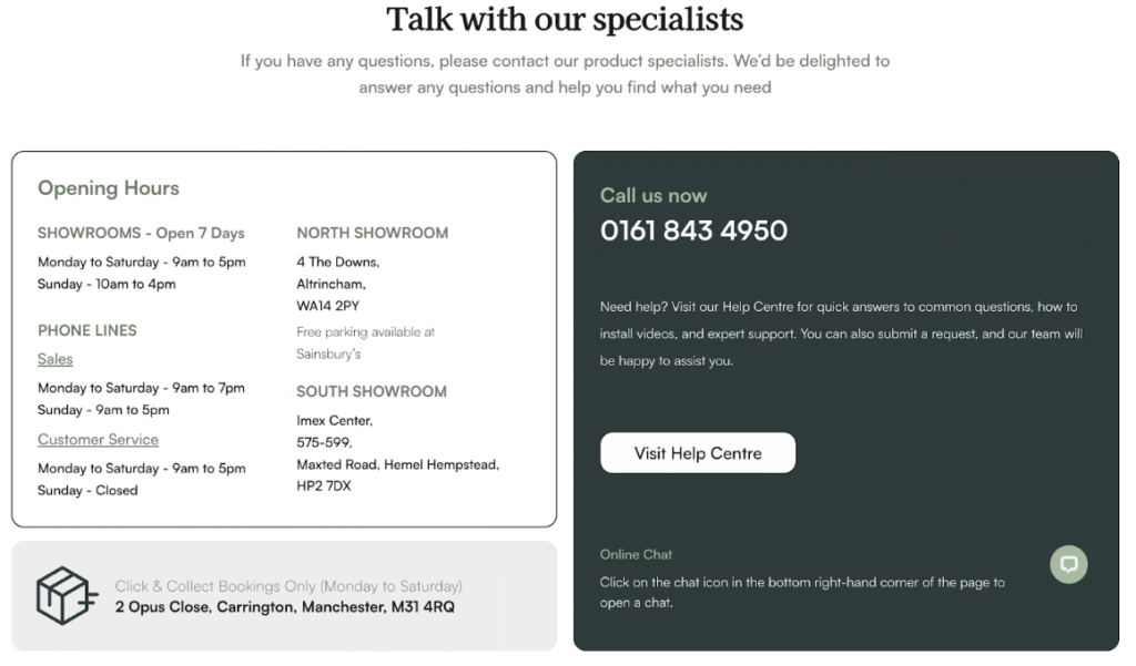 You need a contact us page on your Shopify store that shows your opening hours, address and contact info