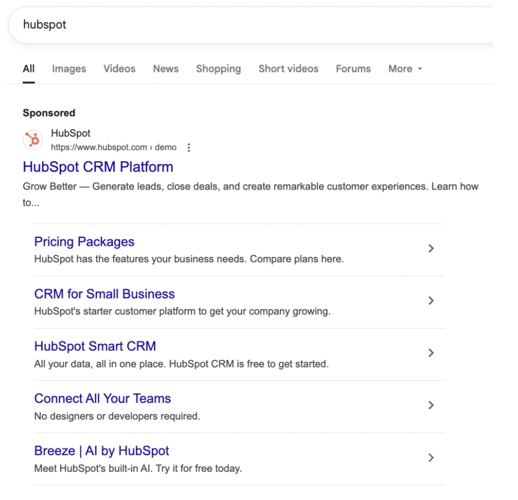 Example of the different elements you can add to an ad on Google to improve PPC quality score