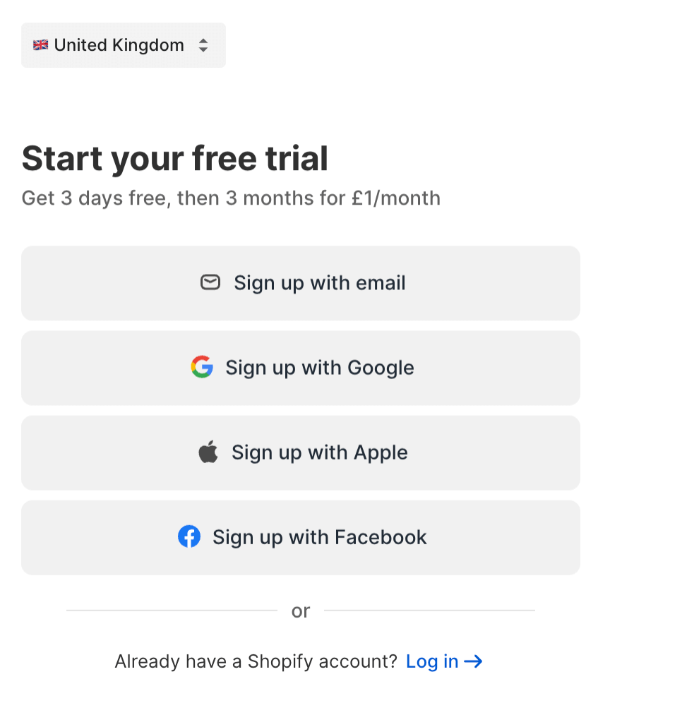 Shopify lets you start your account with a free trial