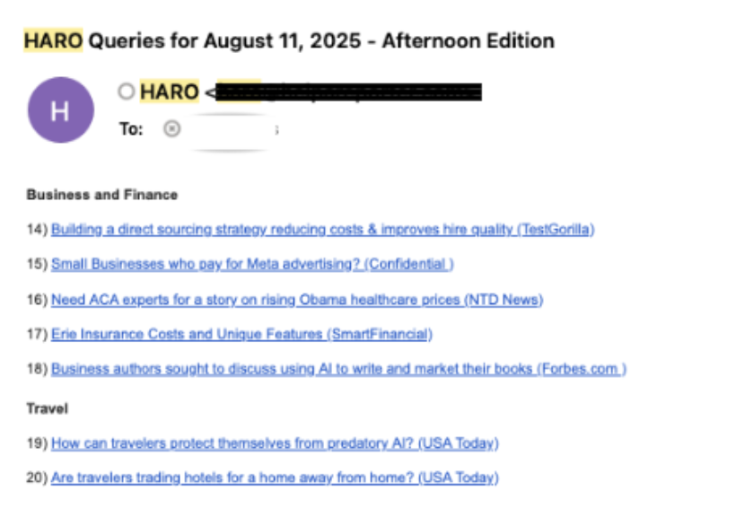 example of journalist requests from HARO