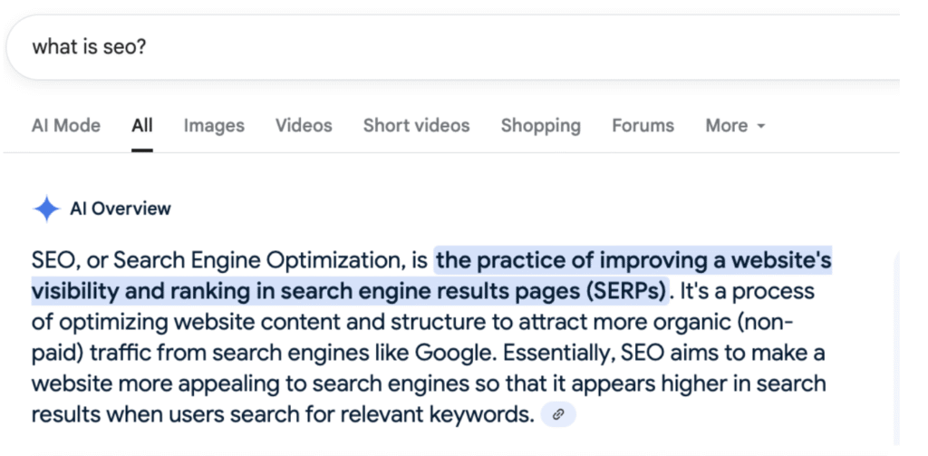 an example of how a zero click search works for query what is seo