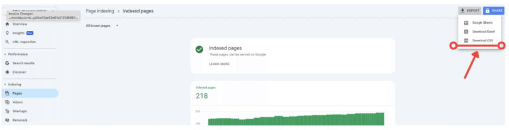 example of how to find indexed pages for a content audit in google search console