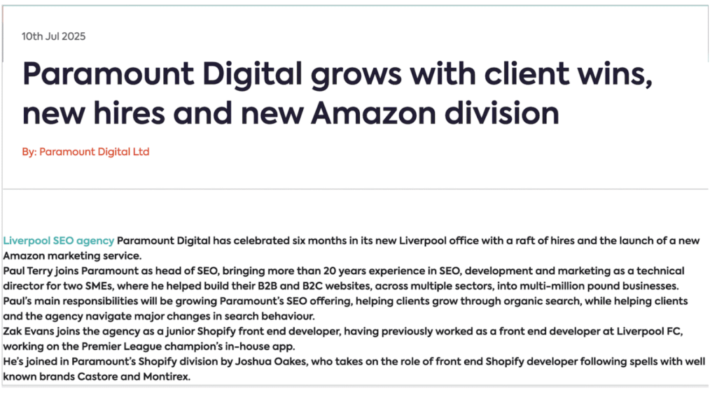 example of a story published as part of a link building strategy