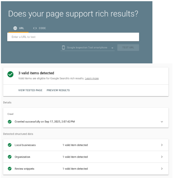 example of testing schema markup