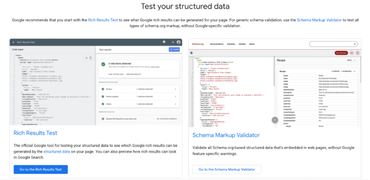 example of testing schema markup in Search Console