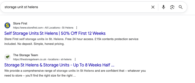 Storage unit SEO results
